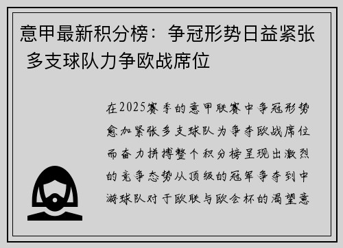 意甲最新积分榜：争冠形势日益紧张 多支球队力争欧战席位